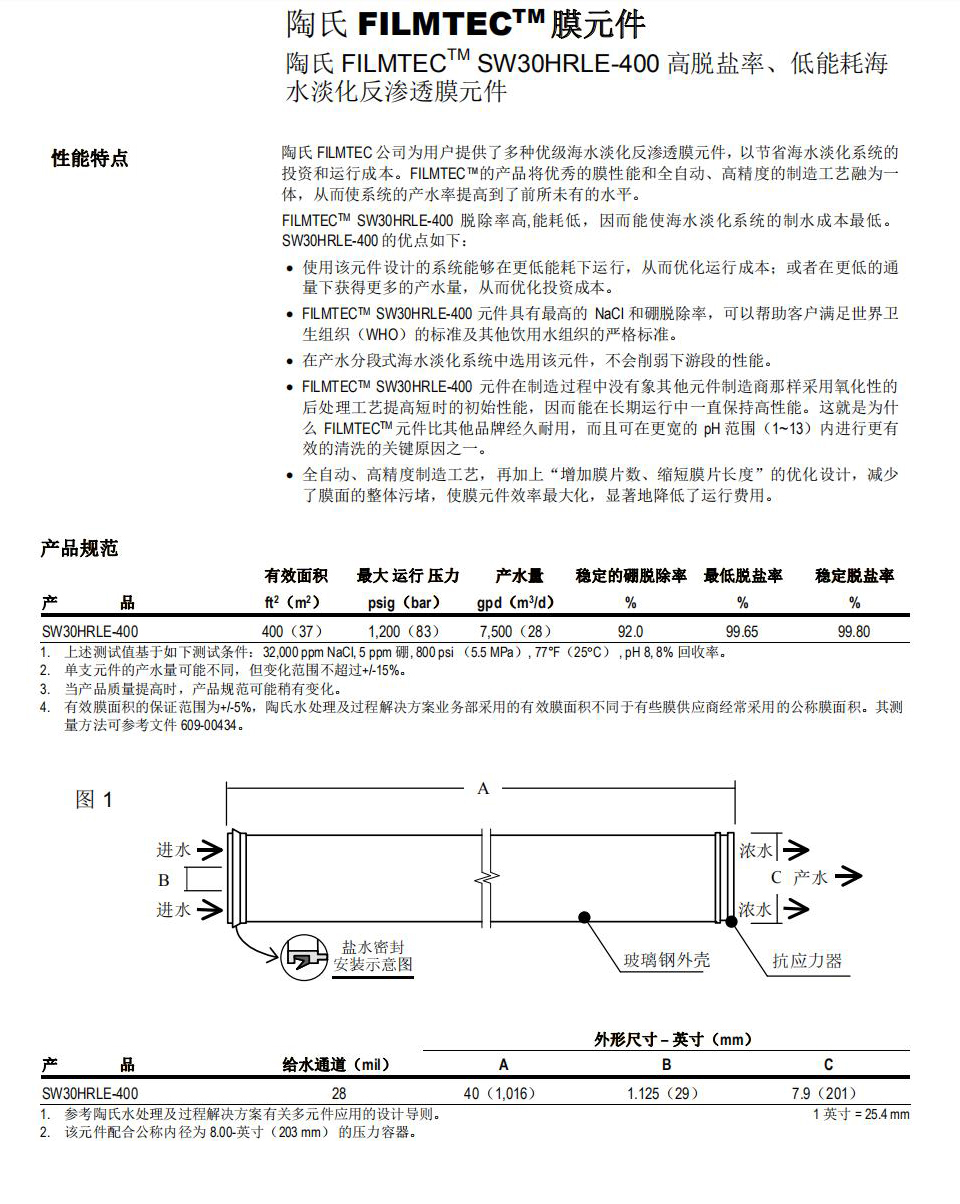 陶氏/杜邦SW30HRLE-400高脫鹽低能耗反滲透RO膜