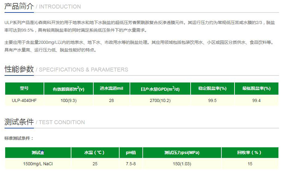 ULP-4040HF反滲透膜性能參數(shù)